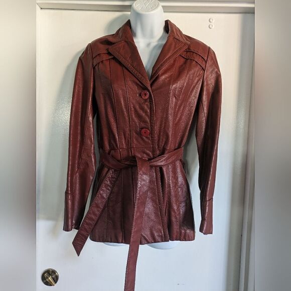 VINTAGE 70S RUST LEATHER JACKET BLAZER BOHO HIPPIE BIKER MOTO WRAP BELTED RETRO - Picture 1 of 9